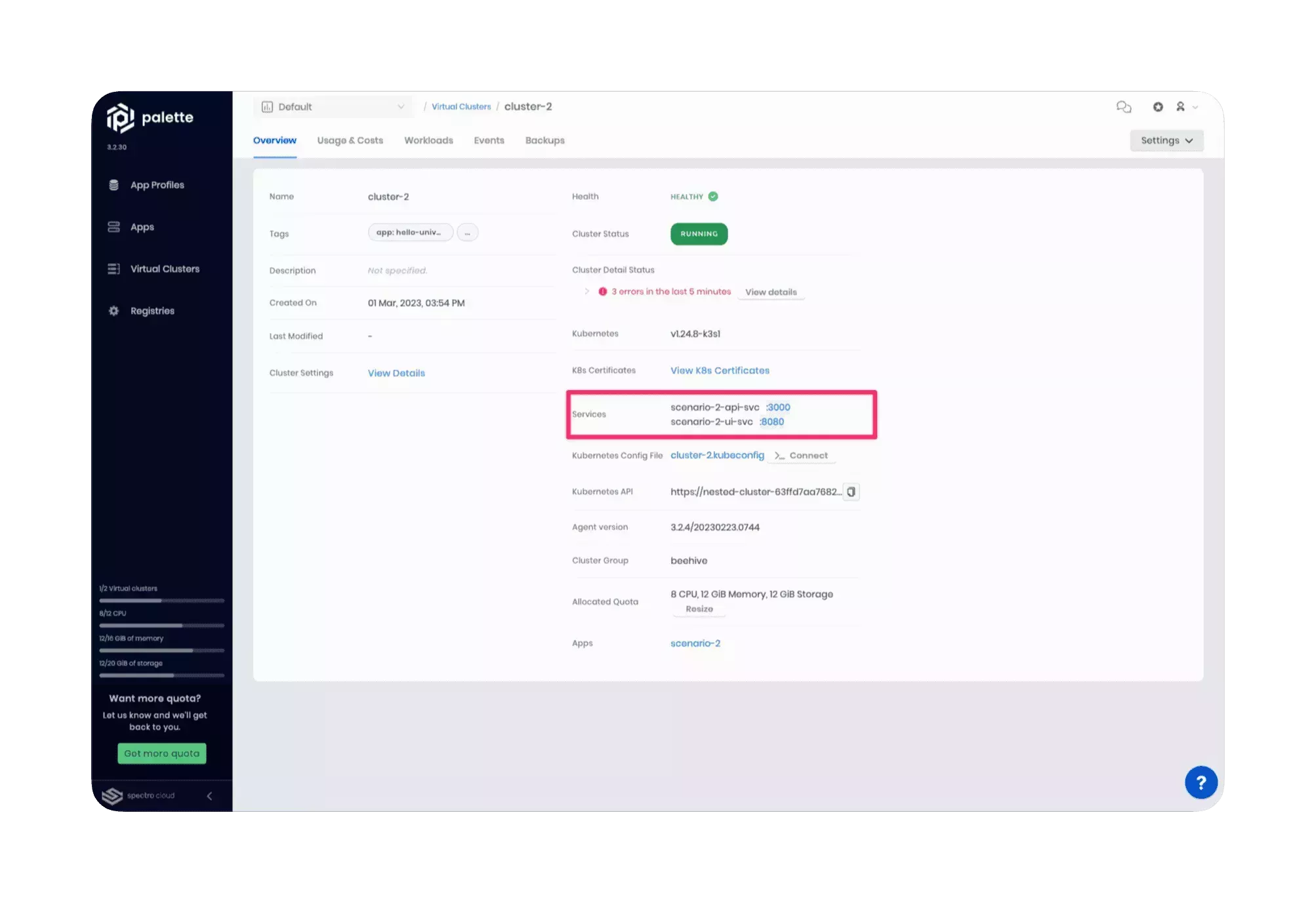 Cluster 2's details page
